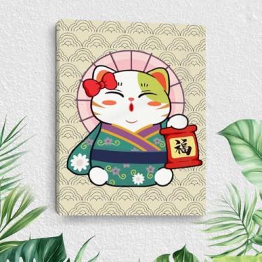 Imagem de Arte de parede em tela de gato de desenho animado, pinturas de arte emolduradas em estilo japonês, decoração de parede, cena da natureza e amantes de gatos, imagem para sala de estar, sala de estar