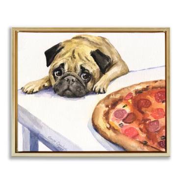 Imagem de Stupell Industries Arte de parede Pug Really Wants Pizza preta com moldura flutuante, design de George Dyachenko, 64 x 78 cm