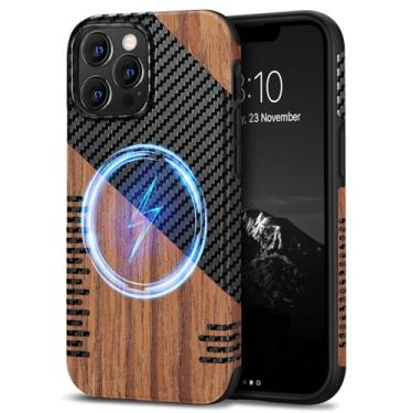 Imagem de TENDLIN Compatível com iPhone 13 Pro Max Capa de madeira com design de textura de fibra de carbono Capa fina híbrida de couro (compatível com MagSafe) Sarja