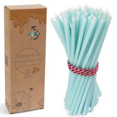 Imagem de Velas de cera de abelha pura, velas cônicas finas decorativas de 16 cm, perfumadas com mel, sem gotejamento, sem fumaça, 30 minutos para aniversário, jantar, oração, igreja, Hanukkah, Natal (azul, 50