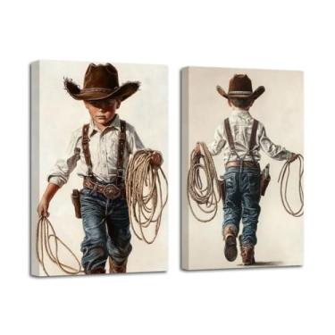 Imagem de LZIMU Conjunto de 2 imagens de chapéu de caubói ocidental, arte de parede, decoração de parede para quarto de bebê infantil emoldurado (branco, 28 x 35 x 2 peças)