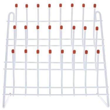 Imagem de Estante de secagem de 24 pinos para garrafas, montado na parede, ideal para laboratórios, cozinhas e salas de aula, topo vermelho antiderrapante e estrutura de ferro, solução para economia de espaço