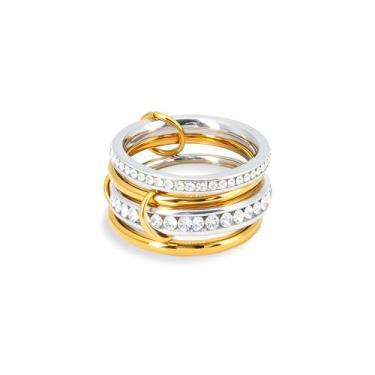 Imagem de Emzarkio Anéis empilháveis não manchados para mulheres, hipoalergênicos banhados a ouro 14K e prata misturada com alianças delicadas de zircônia cúbica | Aniversário, casamento, joia diária (tamanho 6