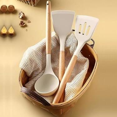 Imagem de Colher de concha de silicone com cabo de madeira, utensílios de cozinha antiaderentes grandes resistentes ao calor para cozinhar, mexer, servir sopas