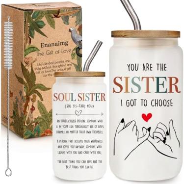 Imagem de Sister 473 ml Copos de vidro com tampas e canudos Presentes de Natal para mulheres, irmãos, melhores amigas, mulheres, irmãs, Soul Sister, presentes de aniversário para mulheres, lata de café, vidro