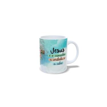 Imagem de Caneca Cristã em Cerâmica, Jesus é o Caminho a Verdade e a Vida, Decorativa com Cruz Floral, Turquesa e Branca, 325ml (18070)
