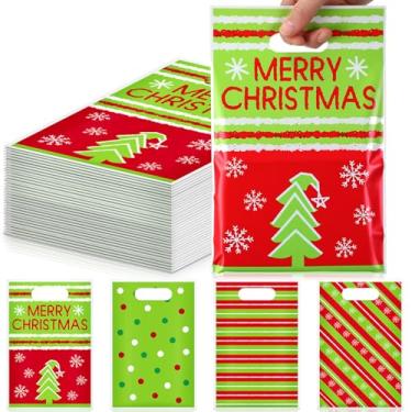 Imagem de Abbylike 200 peças de sacolas de presentes de Natal, lembrancinhas, presentes de plástico, doces e lanches, impressão dupla face com alça para decoração de festa temática vermelha e verde, 4 estilos