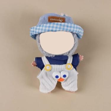 Imagem de Compatível com Labubu (sem boneca) – Chapéu balde xadrez azul-branco + top marinho + conjunto de colete suspensório de olho de desenho animado, roupas de boneca de 15 cm/17 cm (azul-branco e marinho)