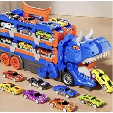Imagem de Caminhão Dinossauro 4 em 1 com pista e lançador, 6 carrinhos de metal Cor: Azul e Verde (AZUL