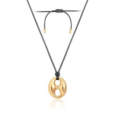 Imagem de Aobei Pearl Colares longos em forma de Y para mulheres, grande, banhado a ouro 18K, pingente de nariz de porco, gargantilha ajustável com cordão preto, joia boho feita à mão, Banhado a ouro amarelo