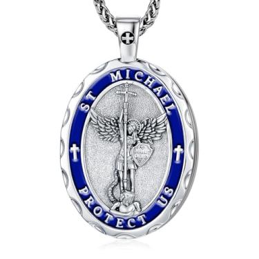 Imagem de Colar de medalhão oval de São Miguel, cobre banhado a ouro, pingente de 5 x 3 cm com corrente de 40 cm + 5 cm, medalha de oração de proteção religiosa, colares com pingente de cruz religiosa com