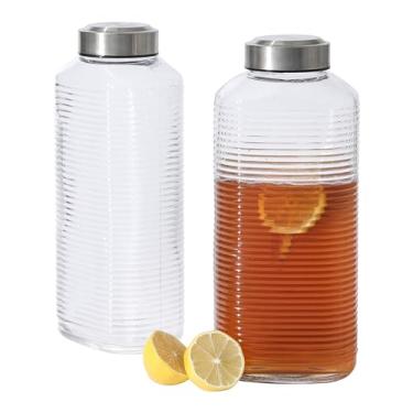 Imagem de Gibson Home Aspen Heights Pacote com 2 garrafas de vidro reutilizáveis grandes em relevo com tampa de aço inoxidável hermética à prova de vazamento, jarra para água, leite, suco - pode ser lavada na