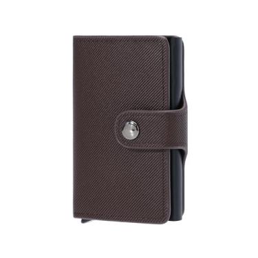 Imagem de JI YA LI Carteira masculina vintage dupla (couro e liga de alumínio) | Capa de cartão de segurança RFID, serve para até 8 cartões, Café, Minimalista