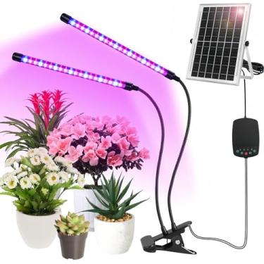 Imagem de Lâmpada de cultivo movida a energia solar com bateria, 2 cabeças, 40 LEDs, clipe de espectro completo, cabo de 16,4 m, carregamento USB, temporizador e configurações reguláveis para todos os estágios
