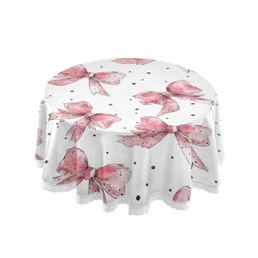 Imagem de SEHANY Toalha de mesa redonda com laço rosa de 152 cm, tecido lavável sem rugas, toalha de mesa decorativa de renda para restaurante, casamento, acampamento, festa de cinco de maio