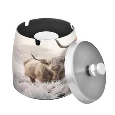 Imagem de Blueangle Cinzeiro Cool Highland Cow com tampa para cigarros, à prova de vento/à prova de chuva, aço inoxidável, sem fumaça, inodoro, cinzeiro para uso interno ou externo (284)