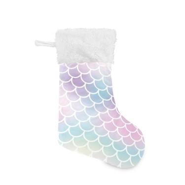 Imagem de ATTX Pacote com 2 meias de Natal com escamas de sereia violeta e azul com punho de pelúcia branca - Decoração de Natal para presentes, meia de 48 cm #78