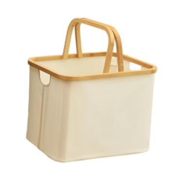 Imagem de Fenteer Cesto de armazenamento dobrável para organização doméstica Cesto de roupas sujas Cesto de armazenamento com alça de madeira para banheiro Brinquedos, Bege