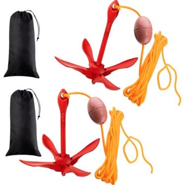 Imagem de Lounsweer Kit de ancoragem de caiaque marítimo com 2 kit de ancoragem de torva dobrável âncora de barco com garra dobrável acessórios de pesca de caiaque para barcos pequenos, canoas de caiaque, remo de barco, 700 g (vermelho)