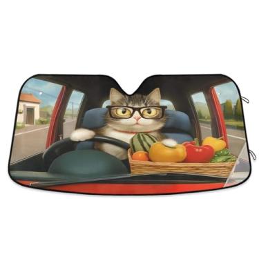 Imagem de ATTX Pára-brisas de carro de gato fofo 134.6 cm x 59.7 cm escudo solar universal com proteção UV, persiana de janela frontal automática dobrável para caminhões Sedans SUVs #134