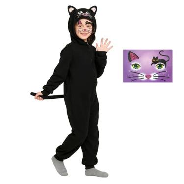 Imagem de Wbesty Black Cat Costume for Girls Unisex Kids Cat Onesie Catnap Costume for Kids with Cat Face and 5PC Cartoon Halloween Stickers Glow in the Dark,6-8Y