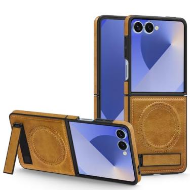 Imagem de Capa de couro com carregamento sem fio para Samsung Galaxy Z Flip 7 6 5 4 3 5g Zflip5 Zflip6 com suporte magnético (para Galaxy Z Flip5/Marrom)