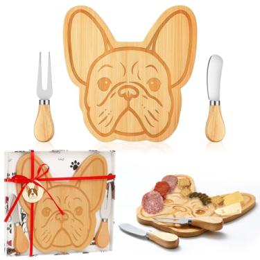 Imagem de Ziliny Presente de buldogue francês para mulheres, conjunto de tábua de queijo buldogue francês com facas, caixa de presente pequena tábua de charcutaria, bandeja de madeira para servir francês, para