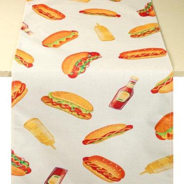 Imagem de Caminho de Mesa de Cachorro-Quente 33x183cm, Decoração para Festa com Tema Cachorro-Quente para Uso Interno e Externo Cozinha Churrasco e Festas