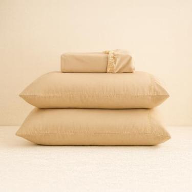 Imagem de Jogo de lençol 400 fios com fronha liso toque macio com elástico diversos tamanhos solteiro, casal, queen, king size (King, Caqui)