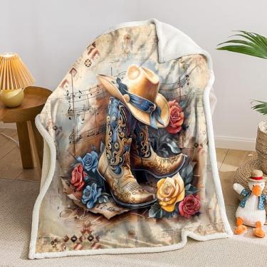 Imagem de AILONEN Cobertor de lã de ovelha estilo cowboy ocidental, botas de cowboy e chapéu de sherpa para presentes de crianças e adolescentes, cobertores macios e aconchegantes para sofá de cama, 187 x 139