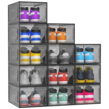 Imagem de Kjfeoiye Pacote com 12 organizadores de armazenamento de sapatos rígidos rígidos e espessos XX grandes para armário, caixas de sapatos empilháveis transparentes e empilháveis, recipientes para