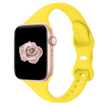 Imagem de Pulseira esportiva fina compatível com Apple Watch de 40 mm, 38 mm, 44 mm, 45 mm, 42 mm, 41 mm, 46 mm e 49 mm para séries Ultra/11/10/9/8/7/6/5/4/3, leve e confortável, para mulheres e homens (amarelo
