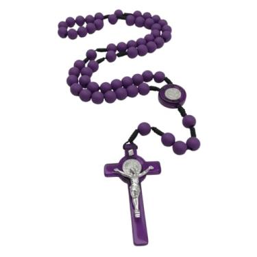 Imagem de Terço Rosário com Medalha de São Bento, Contas Coloridas 9mm, Crucifixo 6x3.6cm, Cordão Preto, 42cm (Roxo)