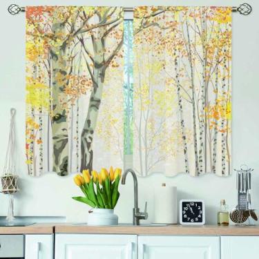 Imagem de Gpiaoyfo Cortinas de cozinha Birch Grove douradas, amarelas, folhas de árvore, tronco exuberante, paisagem de outono, cortinas de camada curta para banheiro, café, cortinas de janela pequena