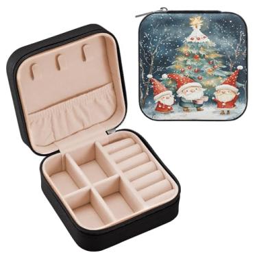 Imagem de Wassud Estojo de joias de viagem com três gnomos fofos para mulheres, meninas, senhoras, noiva, mini organizador de joias, de couro PU, caixa quadrada de armazenamento de joias para brincos, anéis