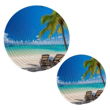 Imagem de Wassud Conjunto de tripé de praia e palmeira para pratos quentes, suportes redondos de algodão, almofadas quentes, porta-copos elegantes, decoração de cozinha e acessórios, 2 peças