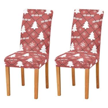Imagem de Wassud Capa de cadeira xadrez vermelha para jantar com árvores de Natal, flocos de neve, capas de cadeira de cozinha, laváveis, conjunto de 2
