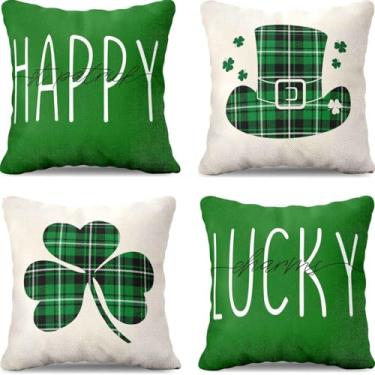 Imagem de LUVIVIHOME Capas de travesseiro de Dia de São Patrício, capas de almofada decorativas, trevo de sorte primavera fazenda verde buffalo, xadrez, trevo para sofá, decoração de casa, ao ar livre, 45 x 45