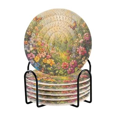 Imagem de SEHANY Elegante conjunto de 6 porta-copos de flores de borboleta com suporte, porta-copos redondos absorventes de algodão resistente ao calor para mesa de jantar, canecas de café, 10 cm