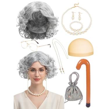 Imagem de Conjunto de 9 peças de fantasia de senhora para mulheres avó perucas e acessórios inclui perucas de velhota, óculos, peruca, boné, colar, pulseira, brincos, bolsa, bengala inflável para 100 dias de