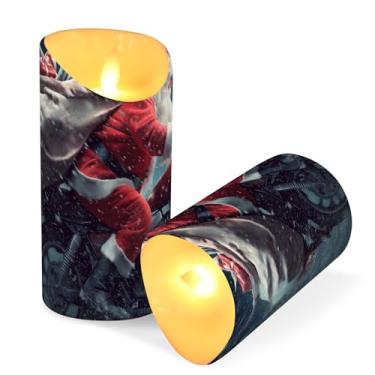 Imagem de ATTX Pacote com 2 velas sem chama Papai Noel andando de motocicleta – Velas de pilar LED de 7,6 cm x 15 cm com controle remoto e temporizador para casa, casamento, decoração de acampamento #71
