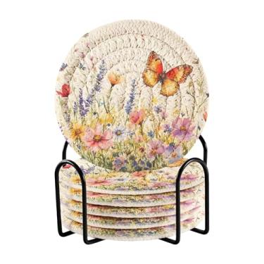 Imagem de SEHANY Elegante conjunto de 6 porta-copos de flores de borboleta com suporte, porta-copos redondos absorventes de algodão resistente ao calor para mesa de jantar, canecas de café, 10 cm