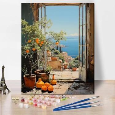 Imagem de TUMOVO Pintura acrílica para casa antiga sem moldura por número, vista do mar a partir de janela, pintura por números, para adultos, presente iniciante, pintura em tela, desenho para decoração de