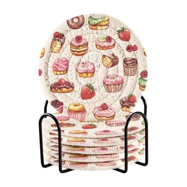 Imagem de SEHANY Conjunto de 6 porta-copos de sobremesa fofos com suporte, porta-copos redondos absorventes de algodão resistente ao calor para mesa de jantar, canecas de café, proteção de copos, 10 cm