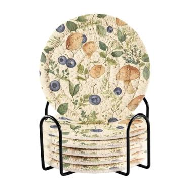 Imagem de SEHANY Conjunto de 6 porta-copos de cogumelos florestais com suporte, porta-copos redondos absorventes de algodão resistente ao calor para mesa de jantar, canecas de café, 10 cm