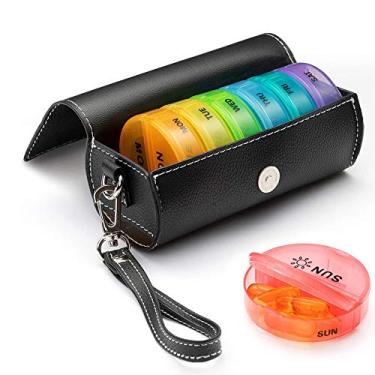 Imagem de Organizador de Pílulas Plástico 7 Dias Semanais 14 Compartimentos Caixa com Bolsa Couro Portátil Dispensador
