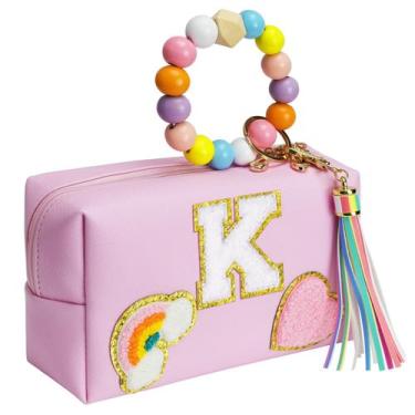 Imagem de Bolsa de maquiagem Elilier Preppy Patch rosa impermeável com pulseira