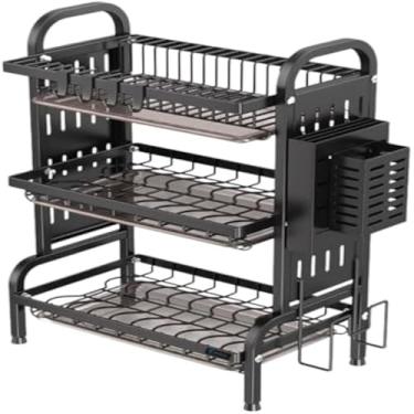 Imagem de Escorredor de pratos e talheres, tres niveis, cozinha organizada, preto, funcional, espacoso, domestico, simples, eficiente.