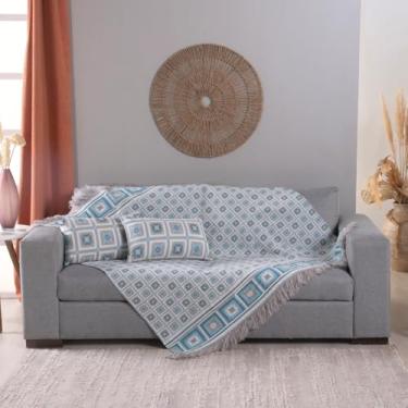 Imagem de Kit 5 Pçs Manta para Sofá e Almofadas Cheias Estilo Marrocos Tecido Jacquard 1,35x1,35m com Franja Azul