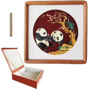 Imagem de stuntechy Decoração de mesa com textura 3D - Arte de palha de trigo panda feita à mão, presente premium para escritório em casa e entusiastas (Panda ameixa)